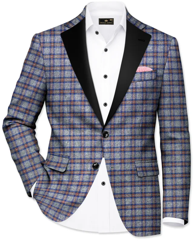 Fuscous Gray Checkered Single Breasted Black Lapel Designer Blazer sold by French Crown