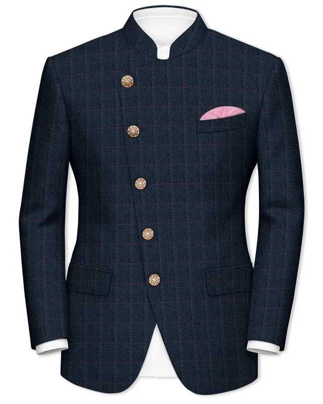 Ebony Subtle Plaid Cross Placket Bandhgala Blazer sold by French Crown