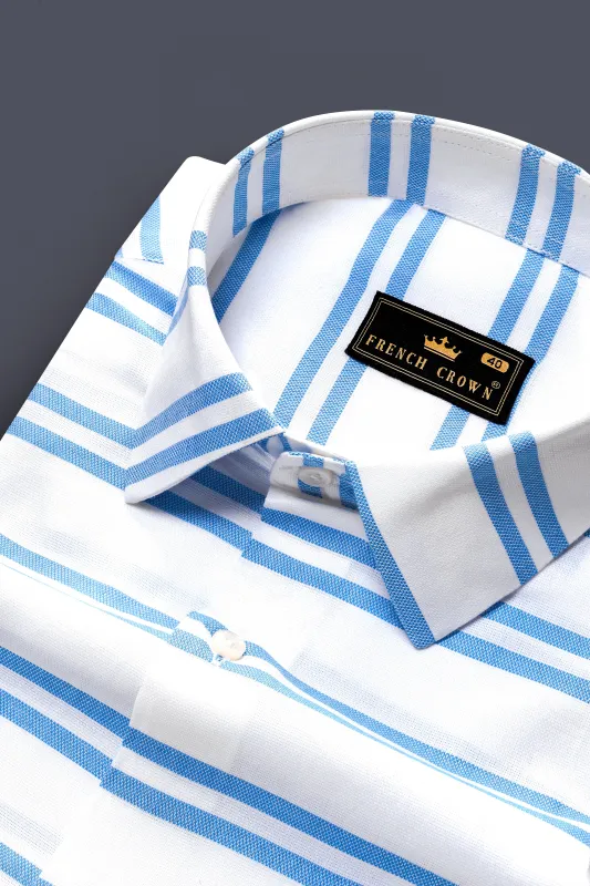 Bright White with Pale Cornflower Blue Striped Dobby Textured Premium Giza Cotton Shirt sold by French Crown
