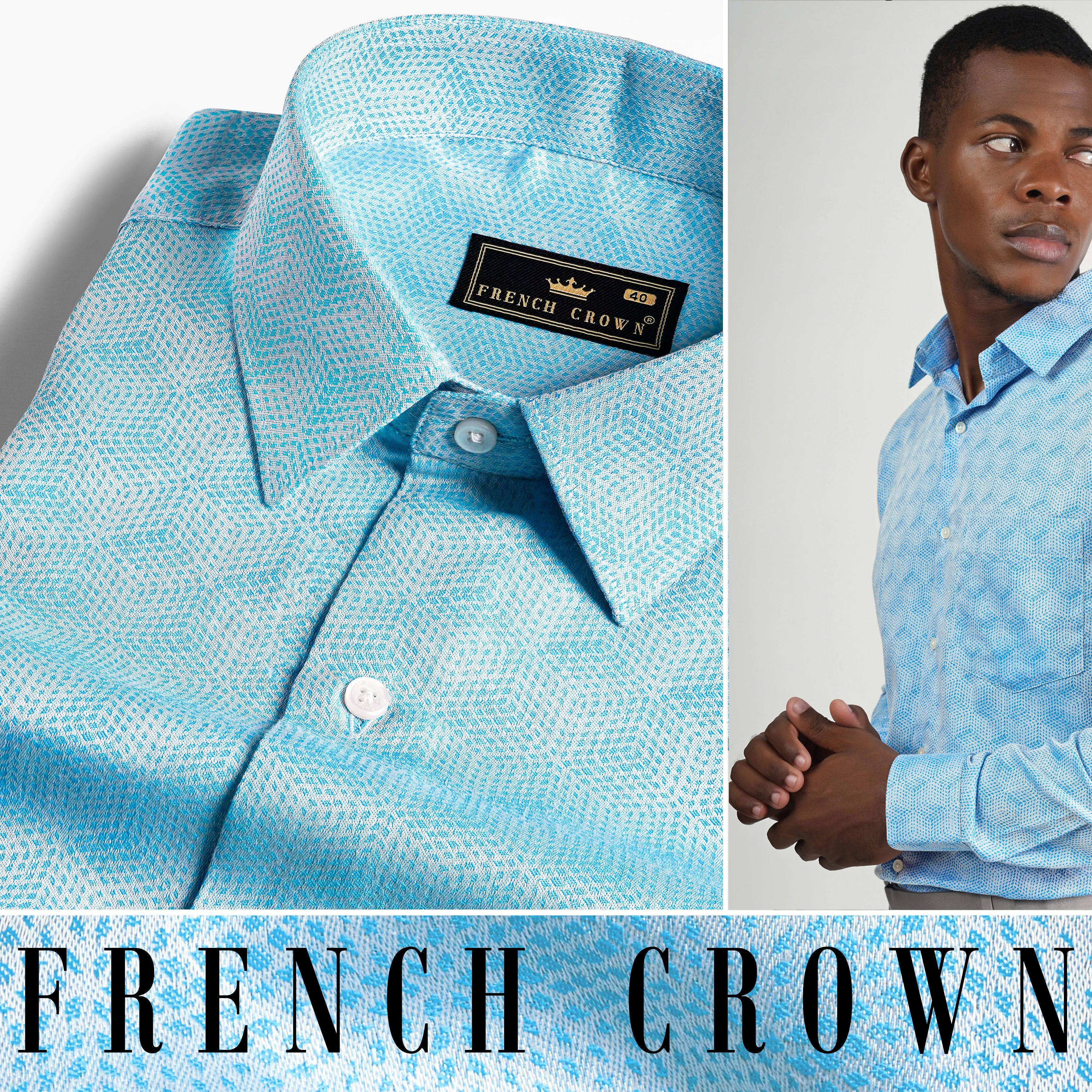 Cerulean Blue and White Jacquard Textured Premium Giza Cotton Shirt sold by French Crown product image thumbnail 4