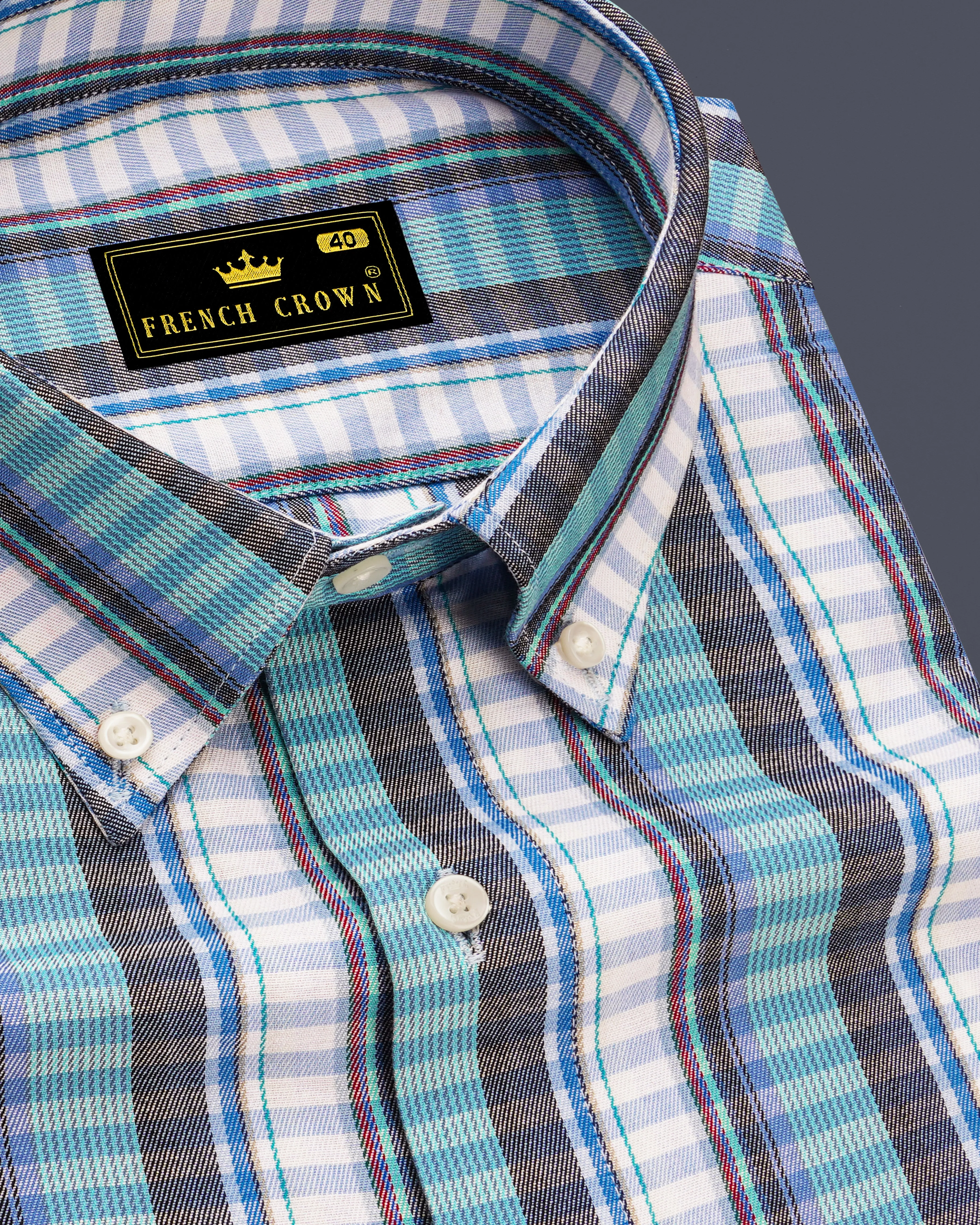 Bright White with Seagull Blue and Shuttle Gray Twill Striped Premium Cotton Shirt sold by French Crown
