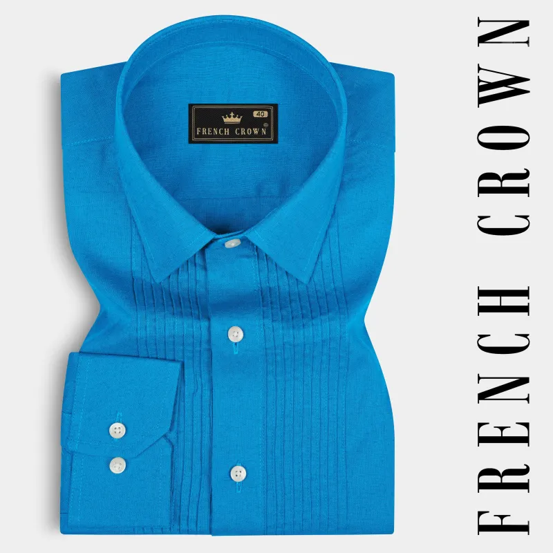 Cerulean Blue with Pin Tucks Luxurious Linen Tuxedo Shirt sold by French Crown