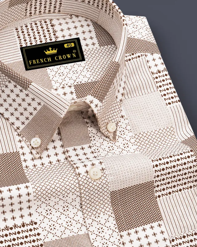 Bright White with Bronzetone Brown Square Printed Super Soft Premium Cotton Shirt sold by French Crown