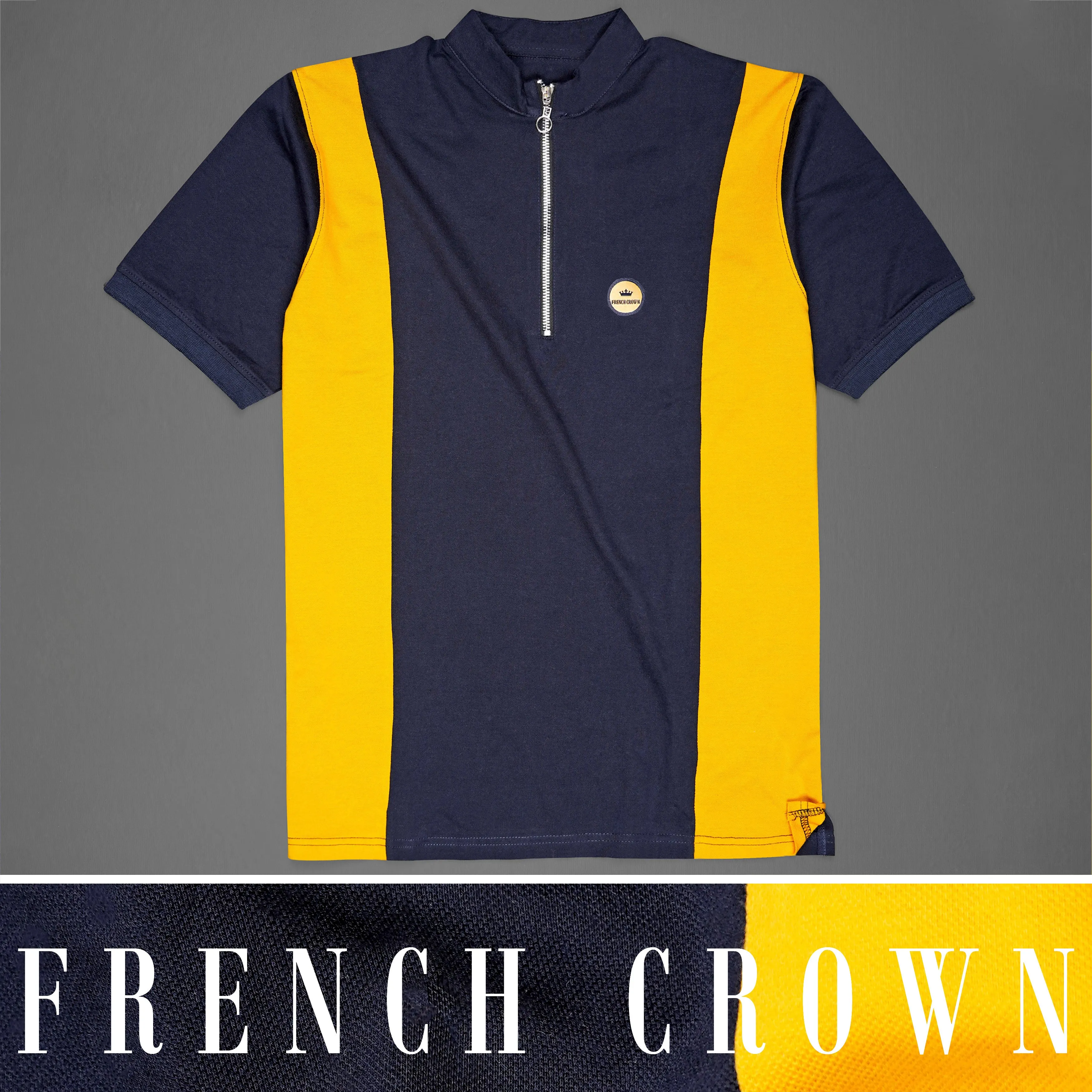 Mirage Blue and Supernova Yellow Super Soft Organic Cotton Mercerised Pique Polo with Zipper Closure sold by French Crown