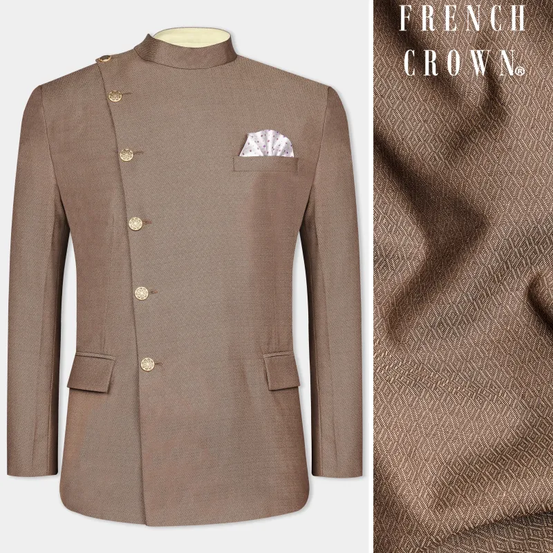 Hemp Brown Cross Placket Wool Rich Bandhgala Blazer sold by French Crown
