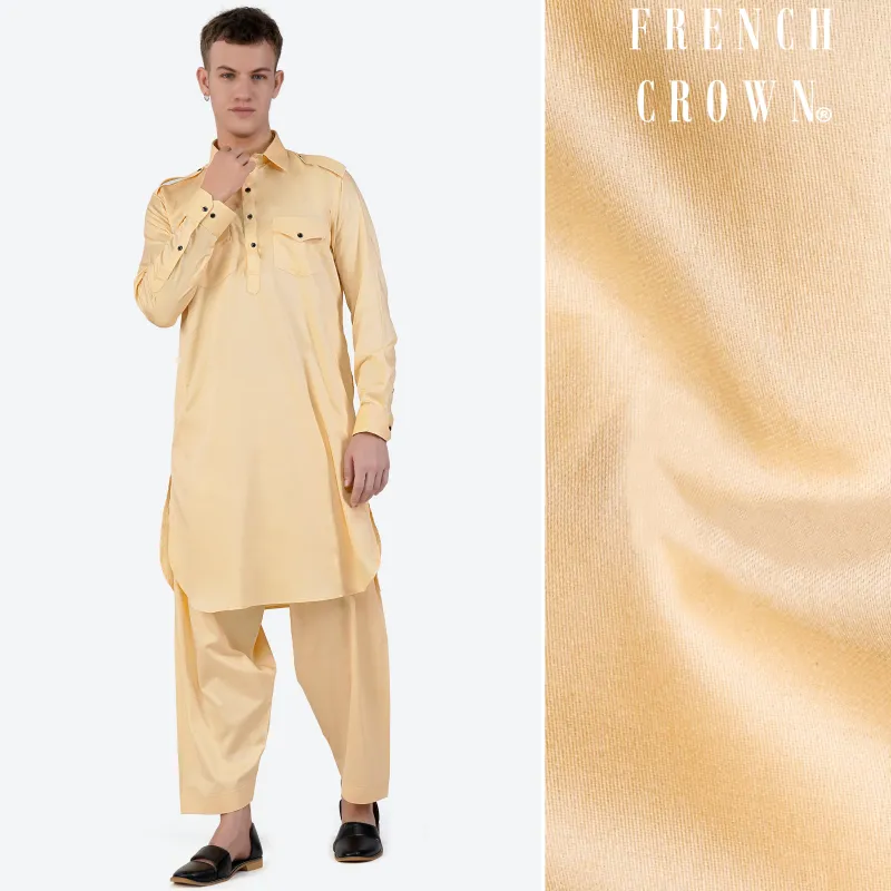 Hampton Beige Subtle Sheen Super Soft Premium Cotton Pathani Set sold by French Crown