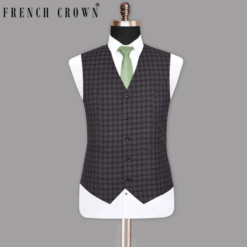 Black with Lilac Twill Plaid Wool Blend  Waistcoat made by French Crown
