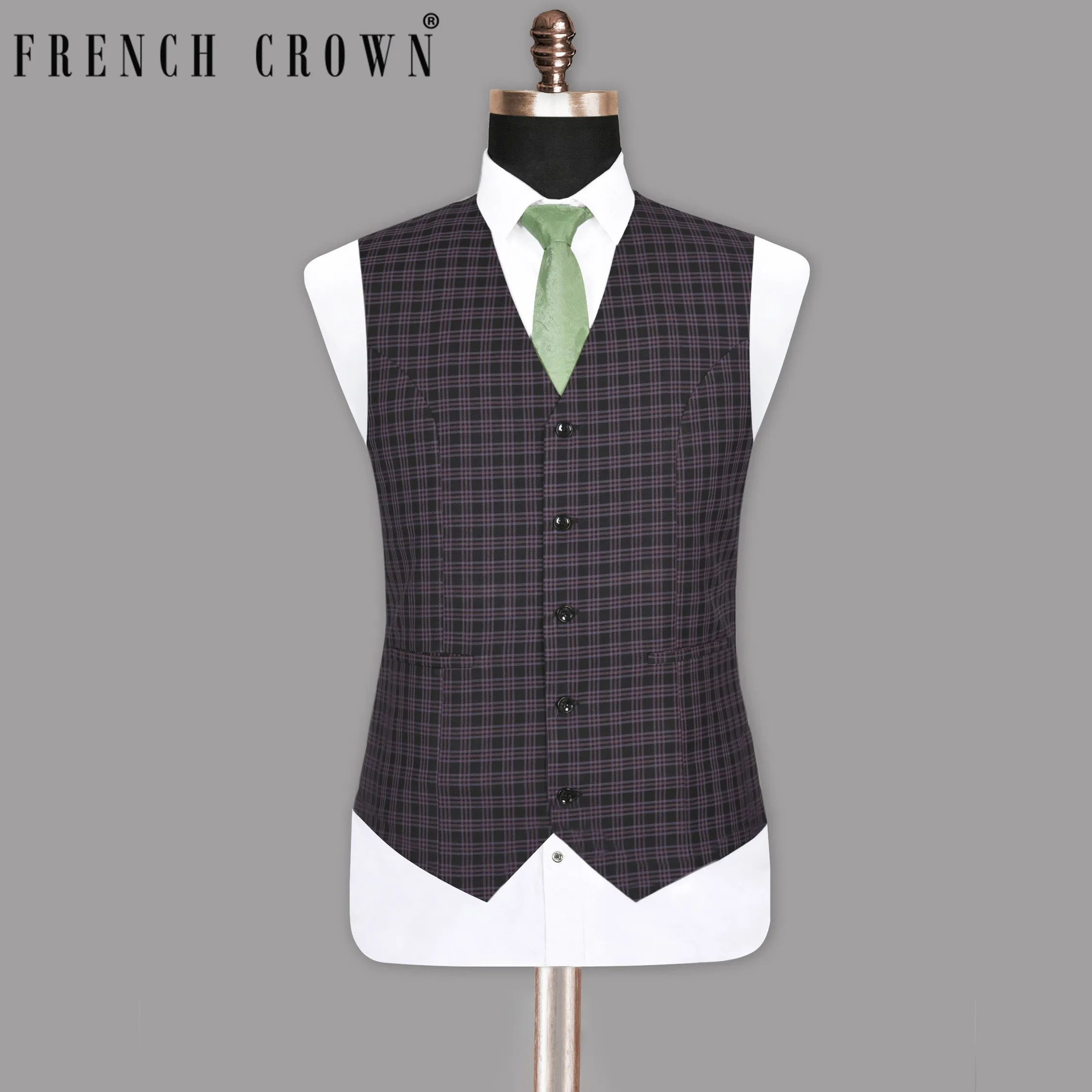 Black with Lilac Twill Plaid Wool Blend Waistcoat sold by French Crown