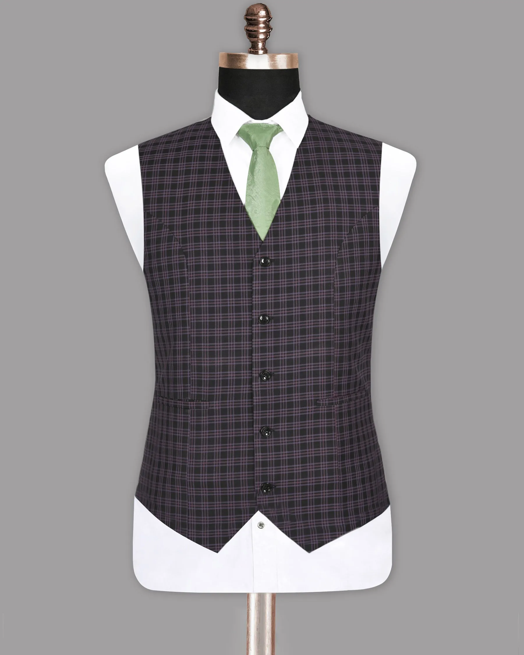 Black with Lilac Twill Plaid Wool Blend Waistcoat sold by French Crown product image thumbnail 2