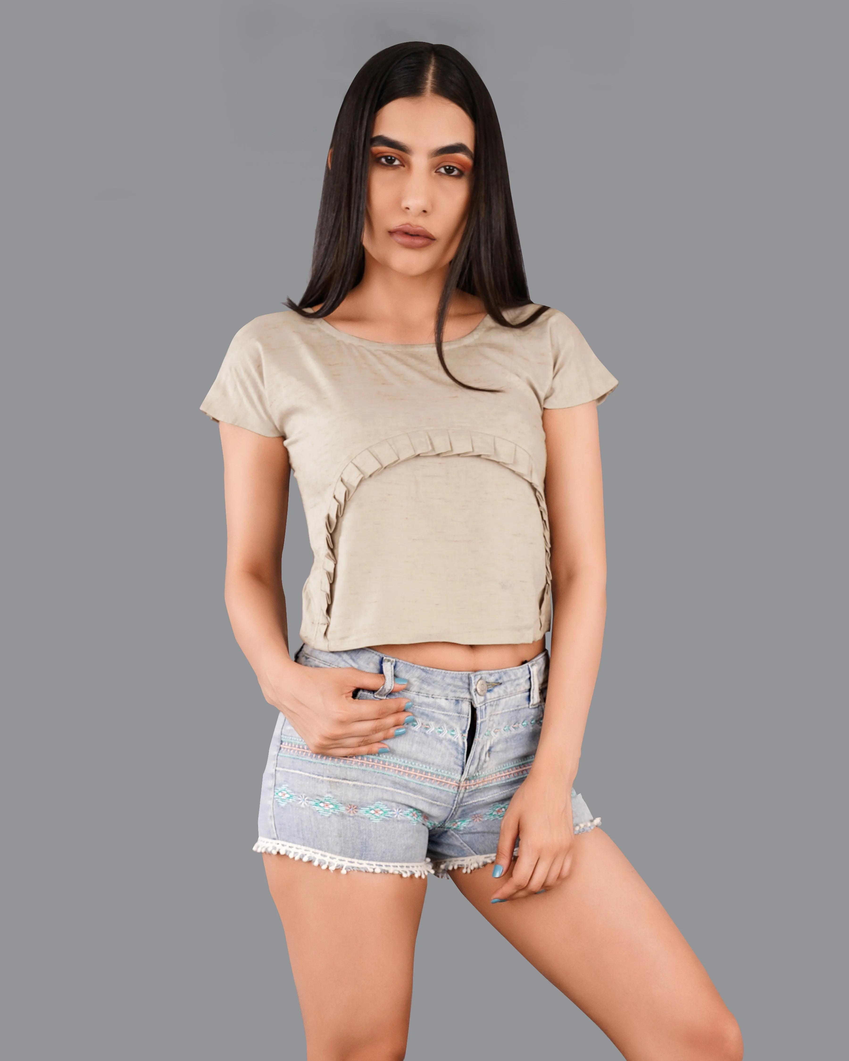 Amber Brown Crop With Pleated Premium Cotton Top sold by French Crown product image thumbnail 2
