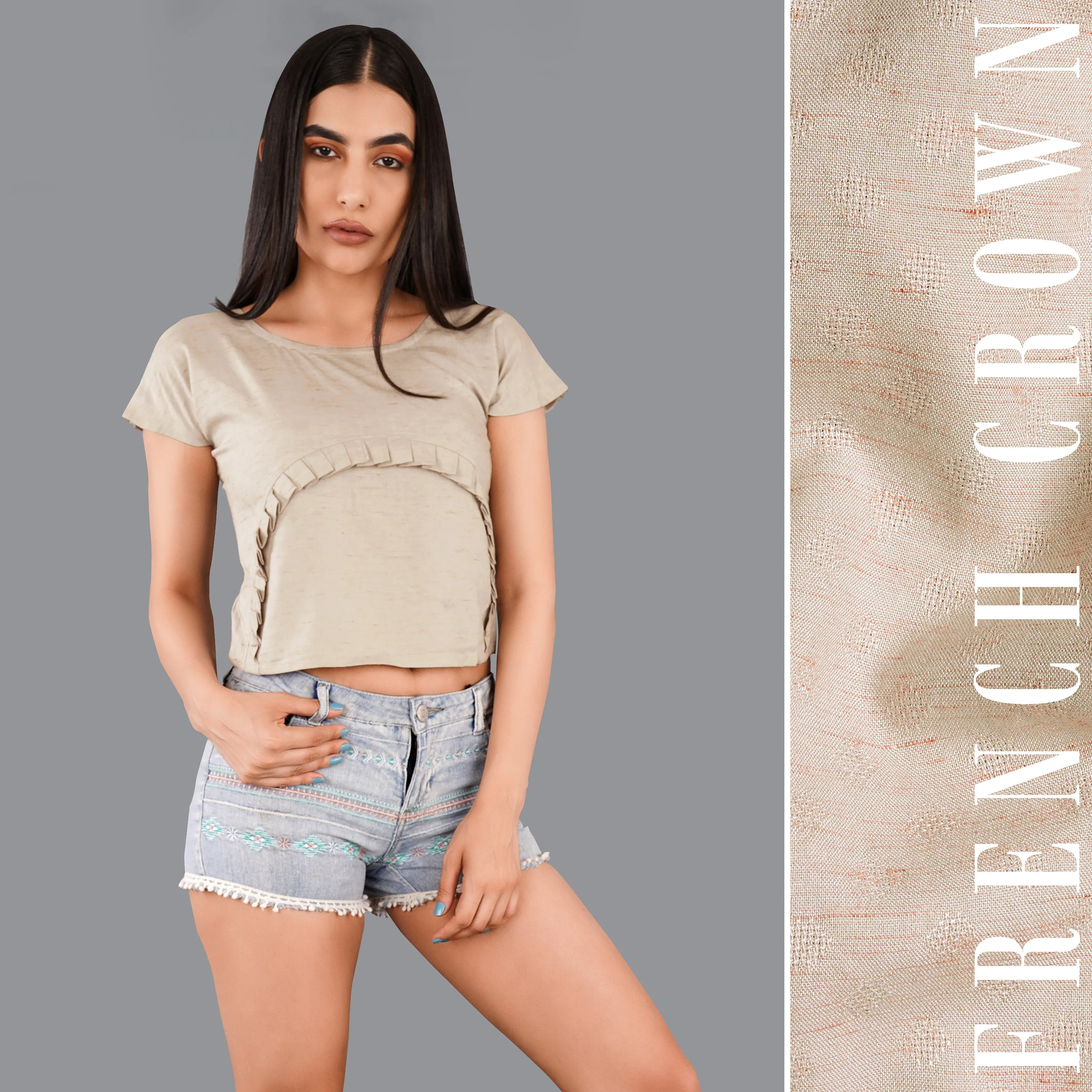 Amber Brown Crop With Pleated Premium Cotton Top sold by French Crown