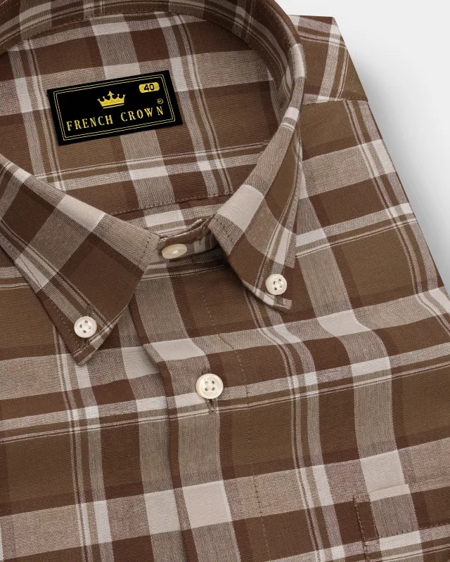 Spice Brown and White Plaid Chambray Button-Down Shirt sold by French Crown