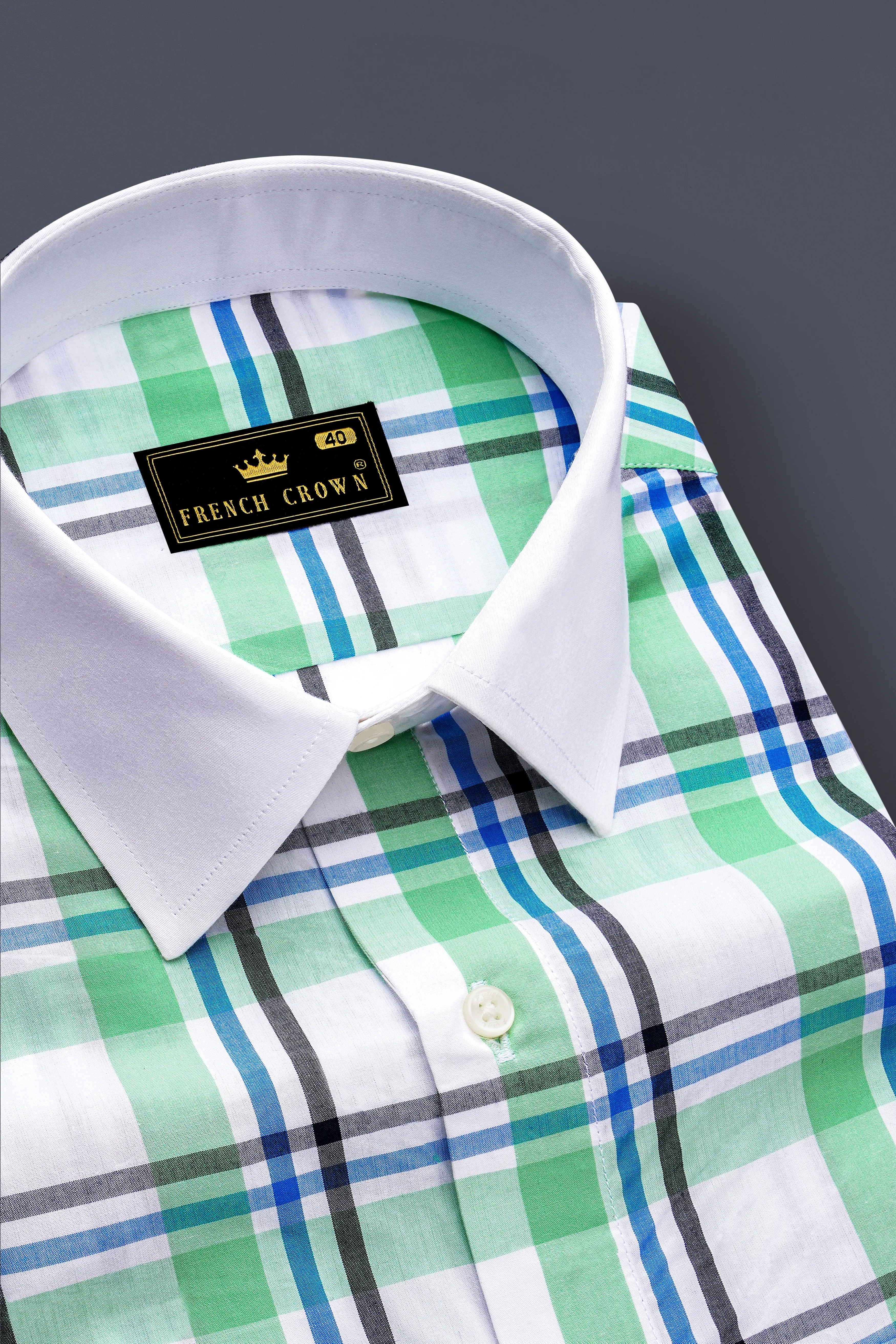 Bright White with Oxley Green and Black Windowpane Premium Cotton Shirt sold by French Crown product image thumbnail 4