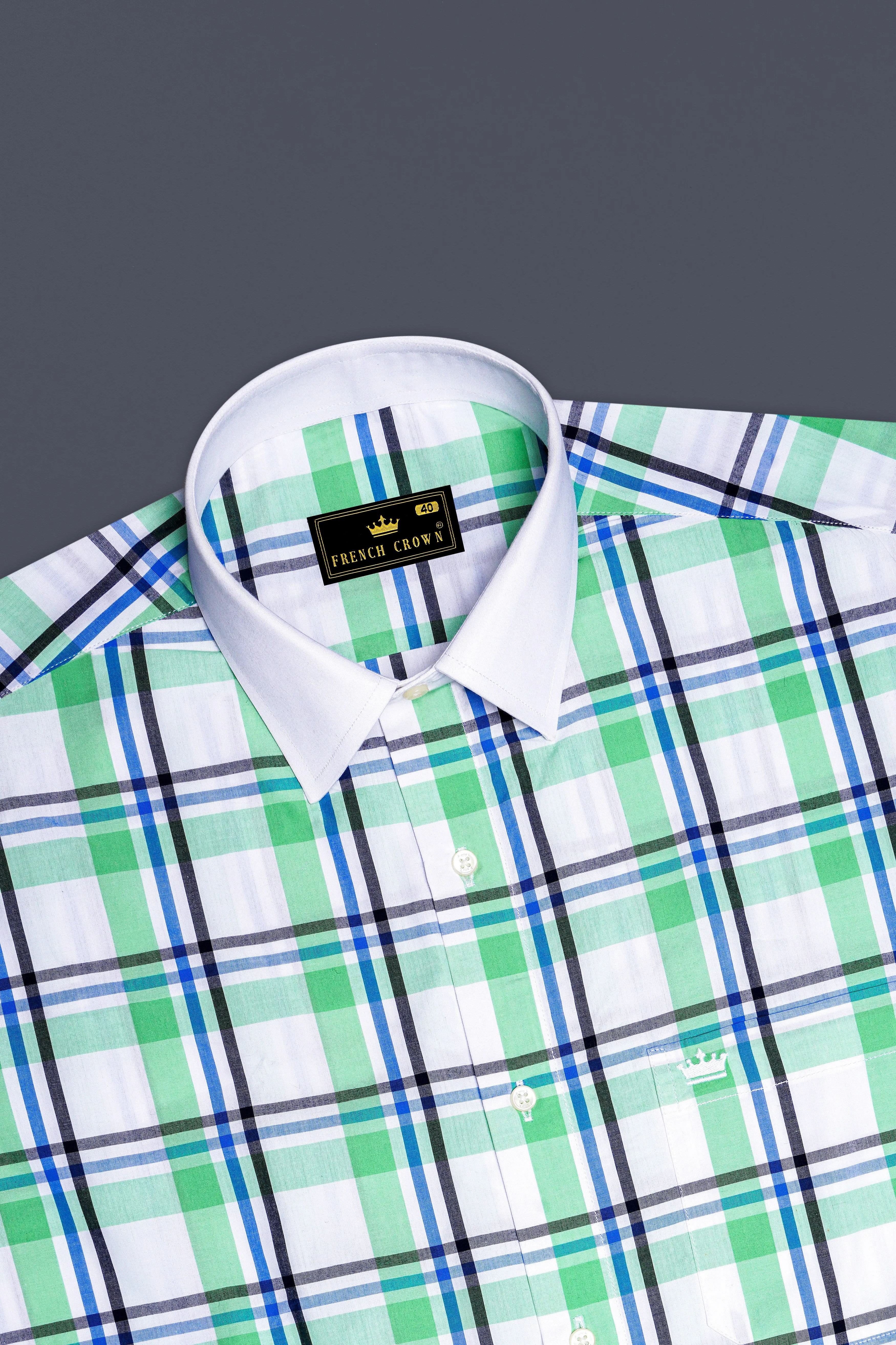 Bright White with Oxley Green and Black Windowpane Premium Cotton Shirt sold by French Crown product image thumbnail 5