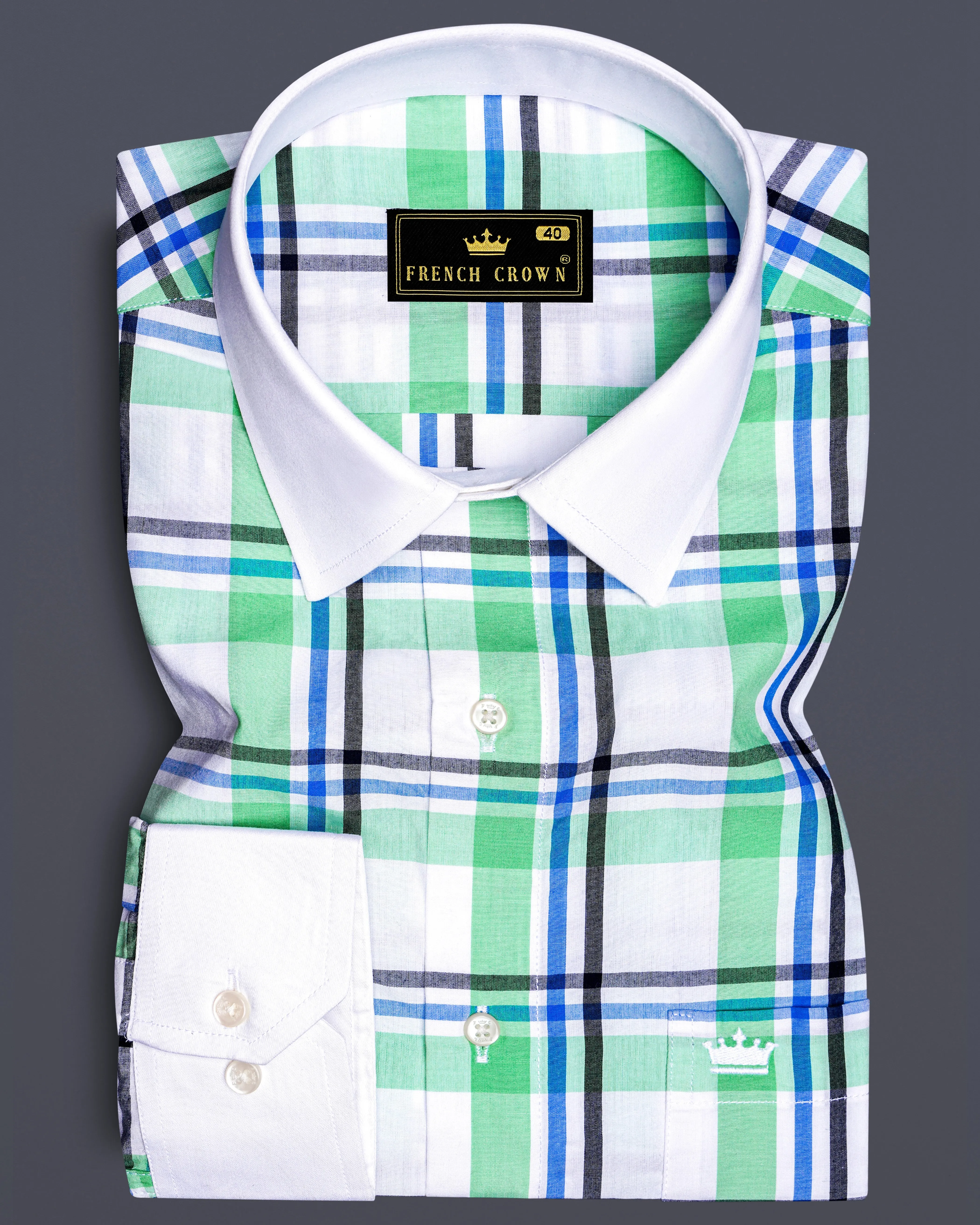 Bright White with Oxley Green and Black Windowpane Premium Cotton Shirt sold by French Crown