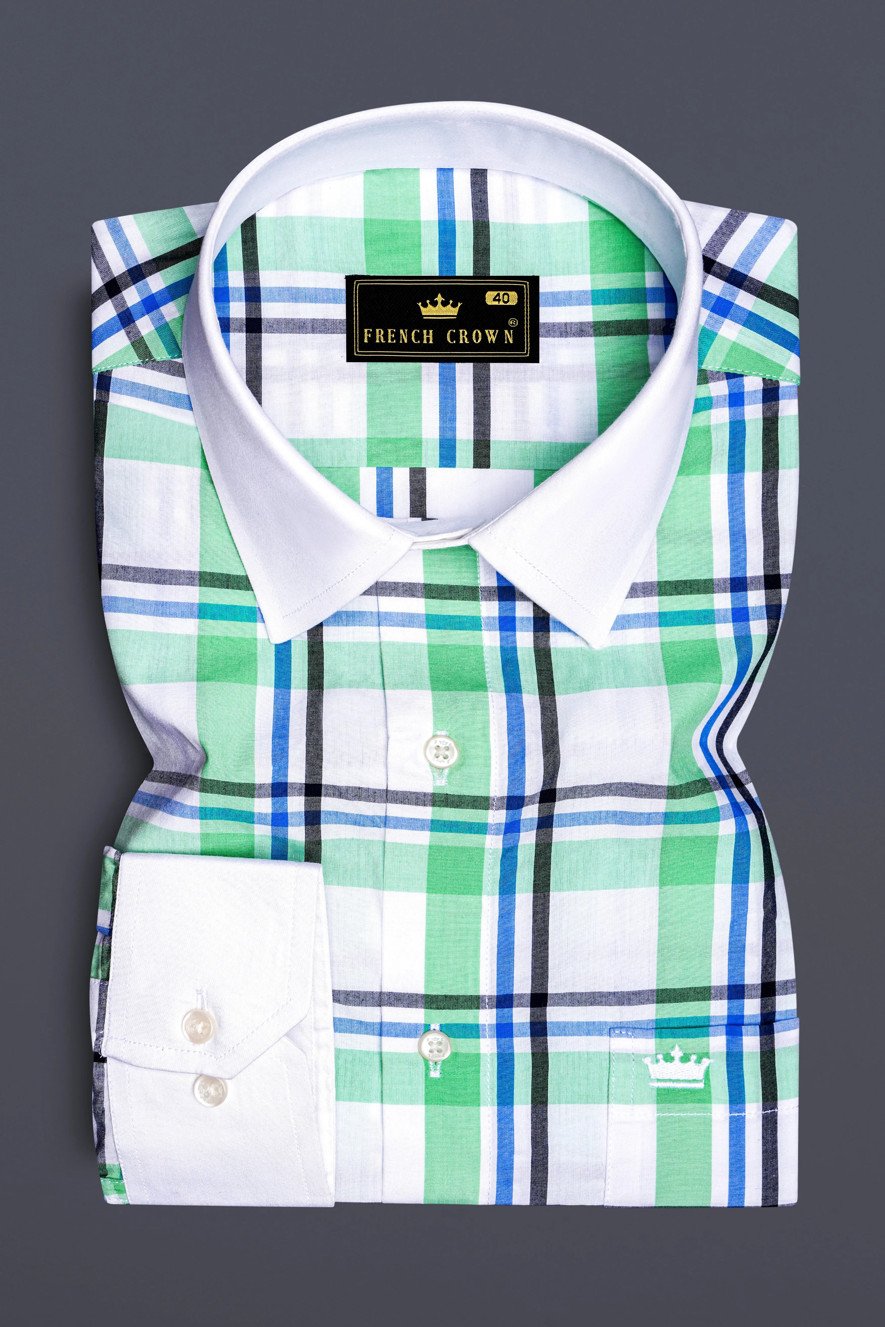 Bright White with Oxley Green and Black Windowpane Premium Cotton Shirt sold by French Crown product image thumbnail 2
