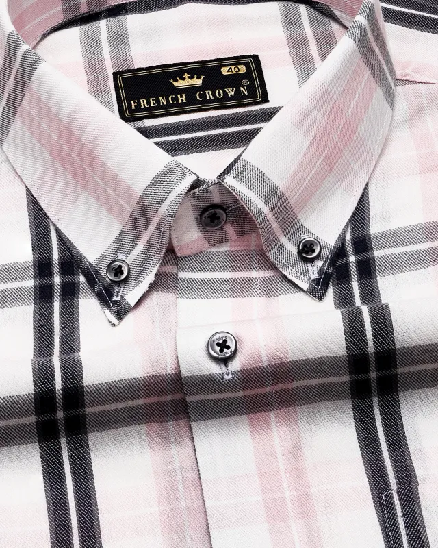 Bright White with Pinocchio Pink and Black Twill Paid Premium Cotton Shirt sold by French Crown