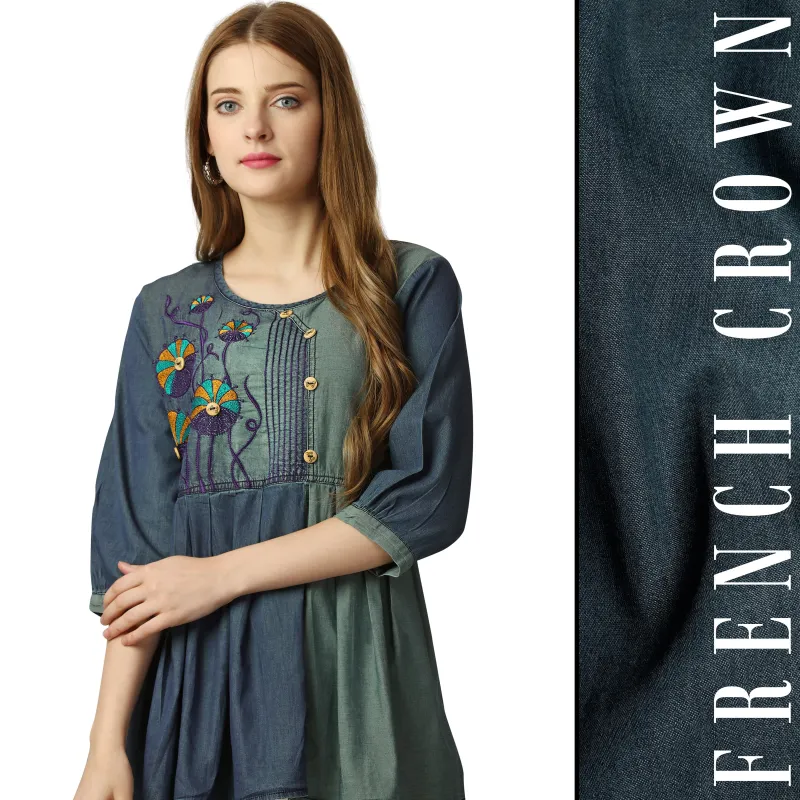 Limed Spurce Blue with Battleship Green Denim Top made by French Crown
