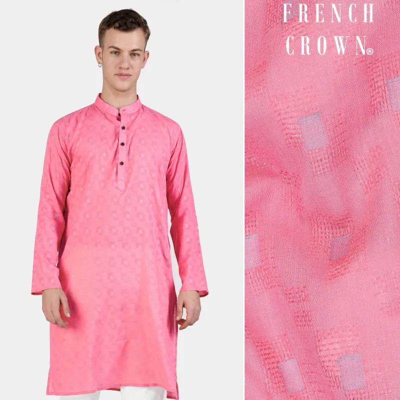 Flamingo Pink Geometric Dobby Textured Premium Giza Cotton Kurta sold by French Crown