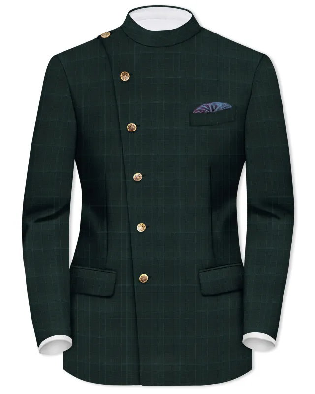 Dune Green Super fine Plaid Woolrich Cross Placket Bandhgala Blazer sold by French Crown