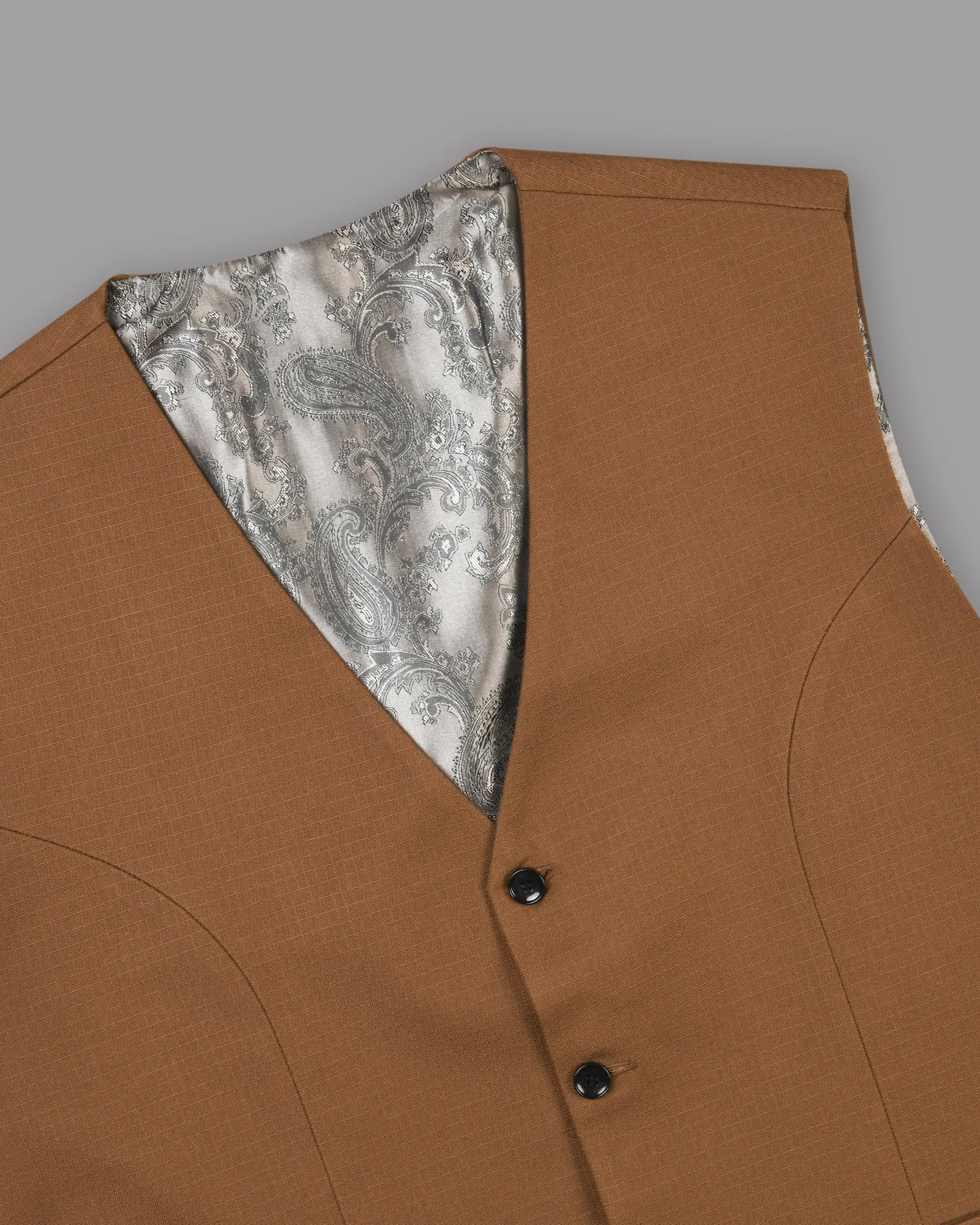 Tawny Khaki subtle Windowpane Textured Premium Cotton Rich Waistcoat sold by French Crown product image thumbnail 4