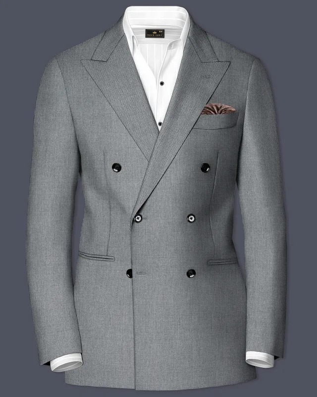 Mountain Mist Gray Houndstooth Wool Rich Double Breasted Blazer sold by French Crown