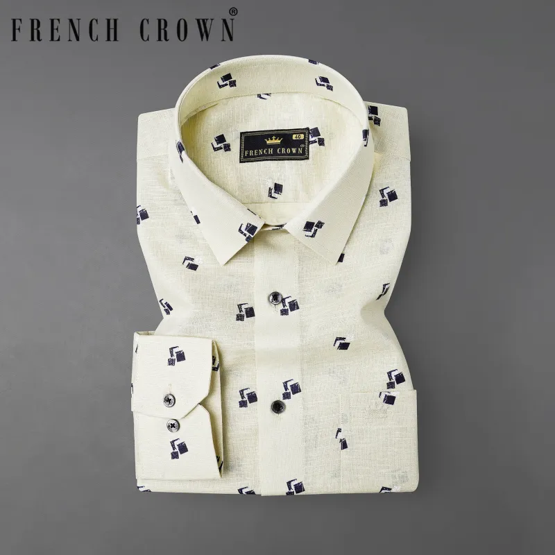 Egg Shell Cream Printed Luxurious Linen Shirt sold by French Crown