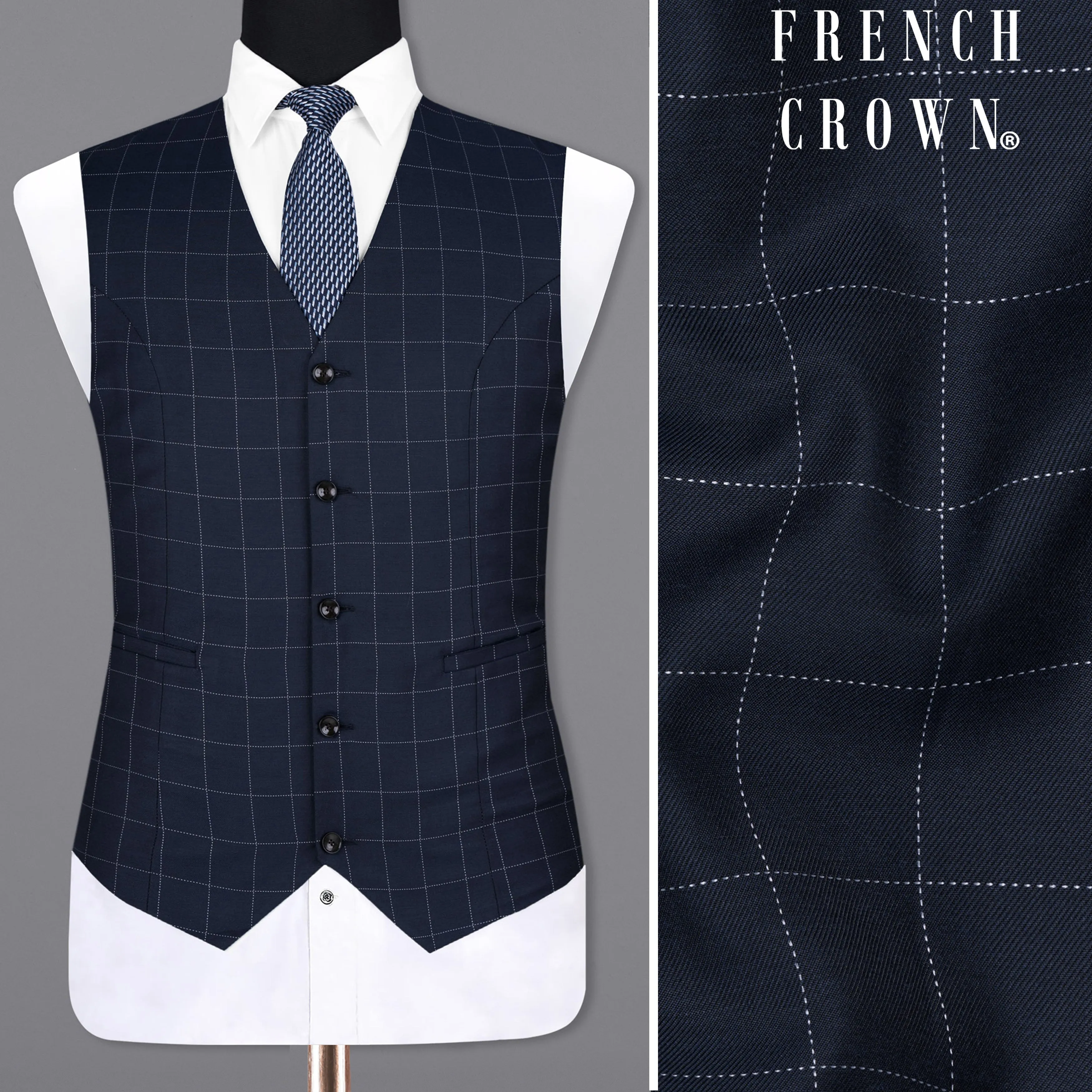 Shark Blue windowpane Wool Rich Waistcoat sold by French Crown