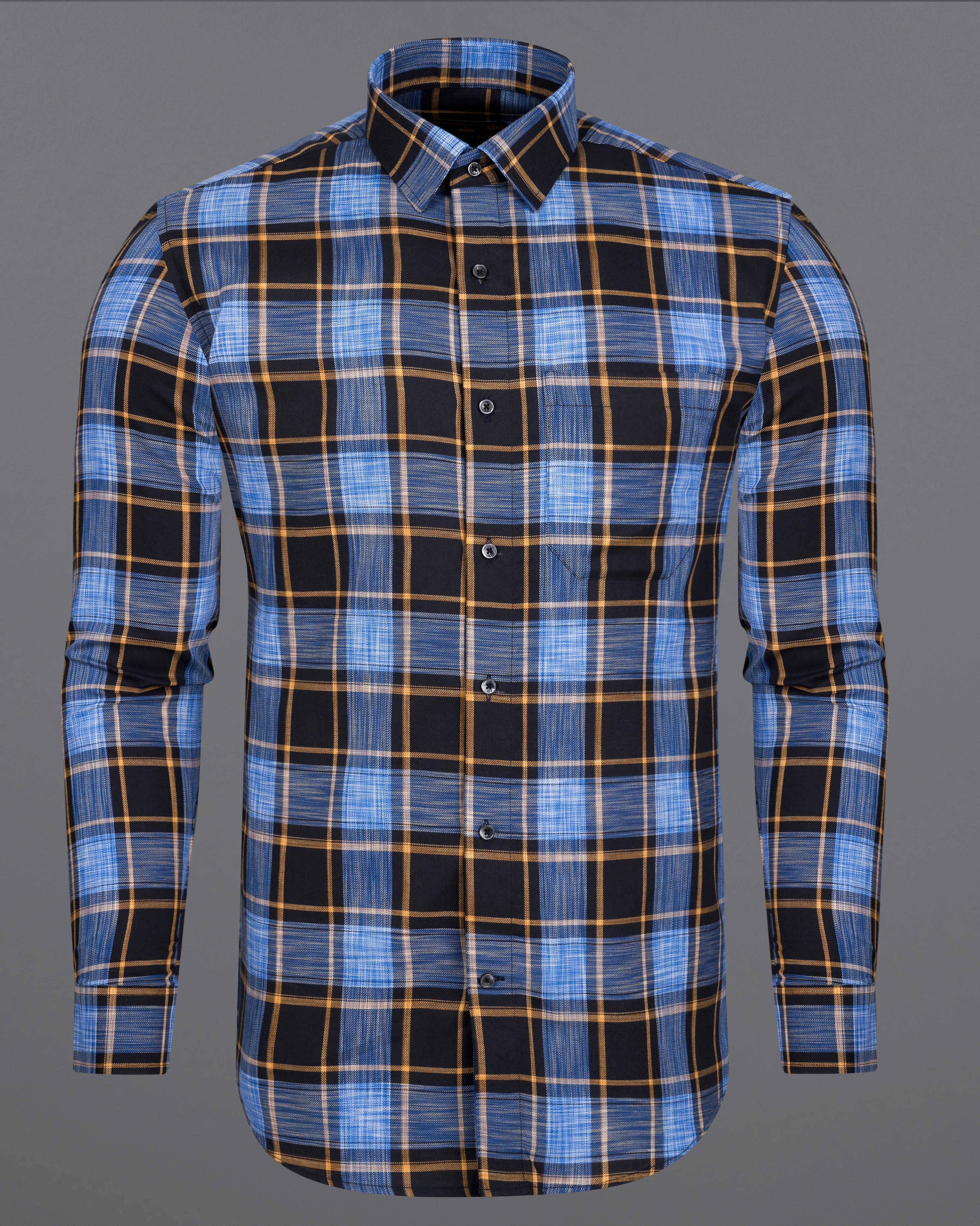 Periwinkle Blue with Black Twill Plaid Premium Cotton Shirt sold by French Crown product image thumbnail 5