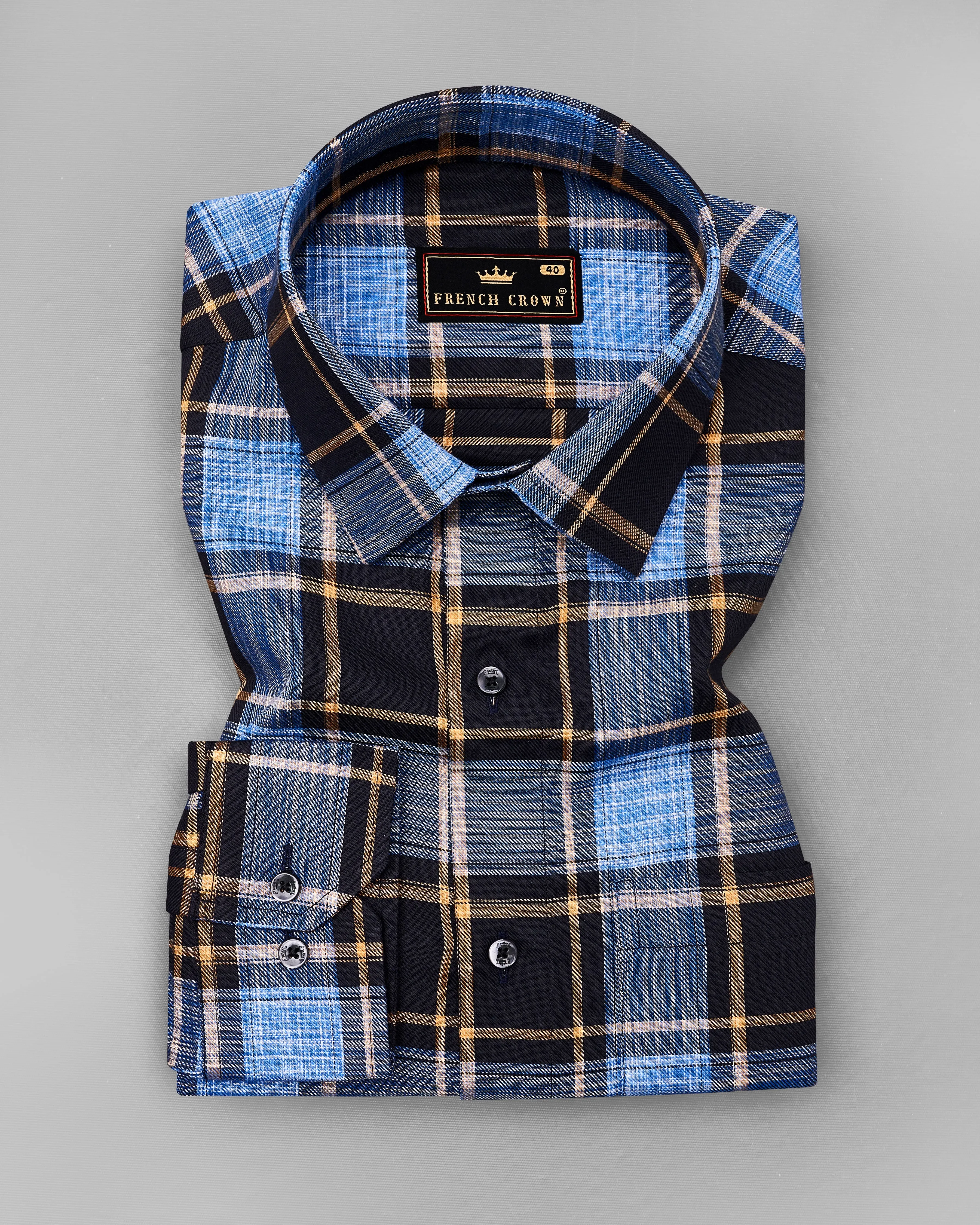Periwinkle Blue with Black Twill Plaid Premium Cotton Shirt sold by French Crown product image thumbnail 3
