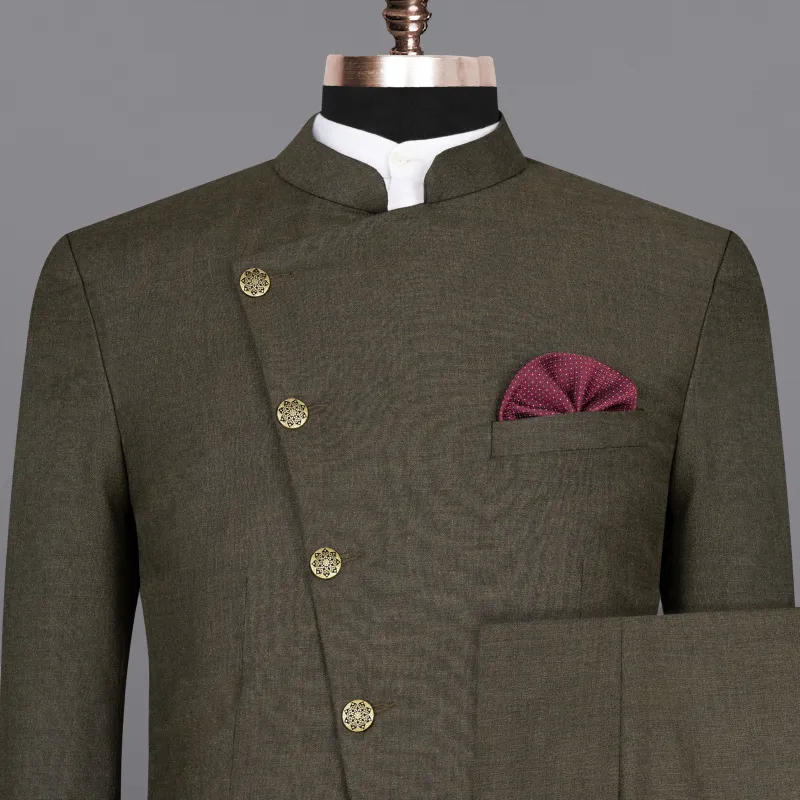 Merlin Green Cross Placket Bandhgala Wool Rich Suit sold by French Crown