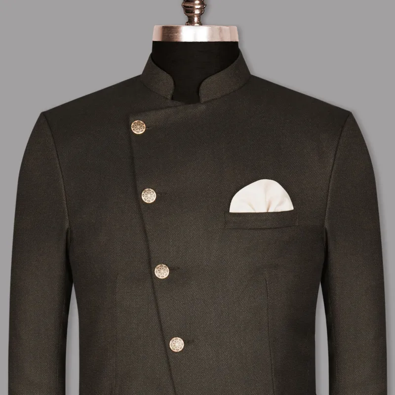 Coffee Brown Textured Cross Placket Bandhgala/Mandarin Wool blend Blazer sold by French Crown