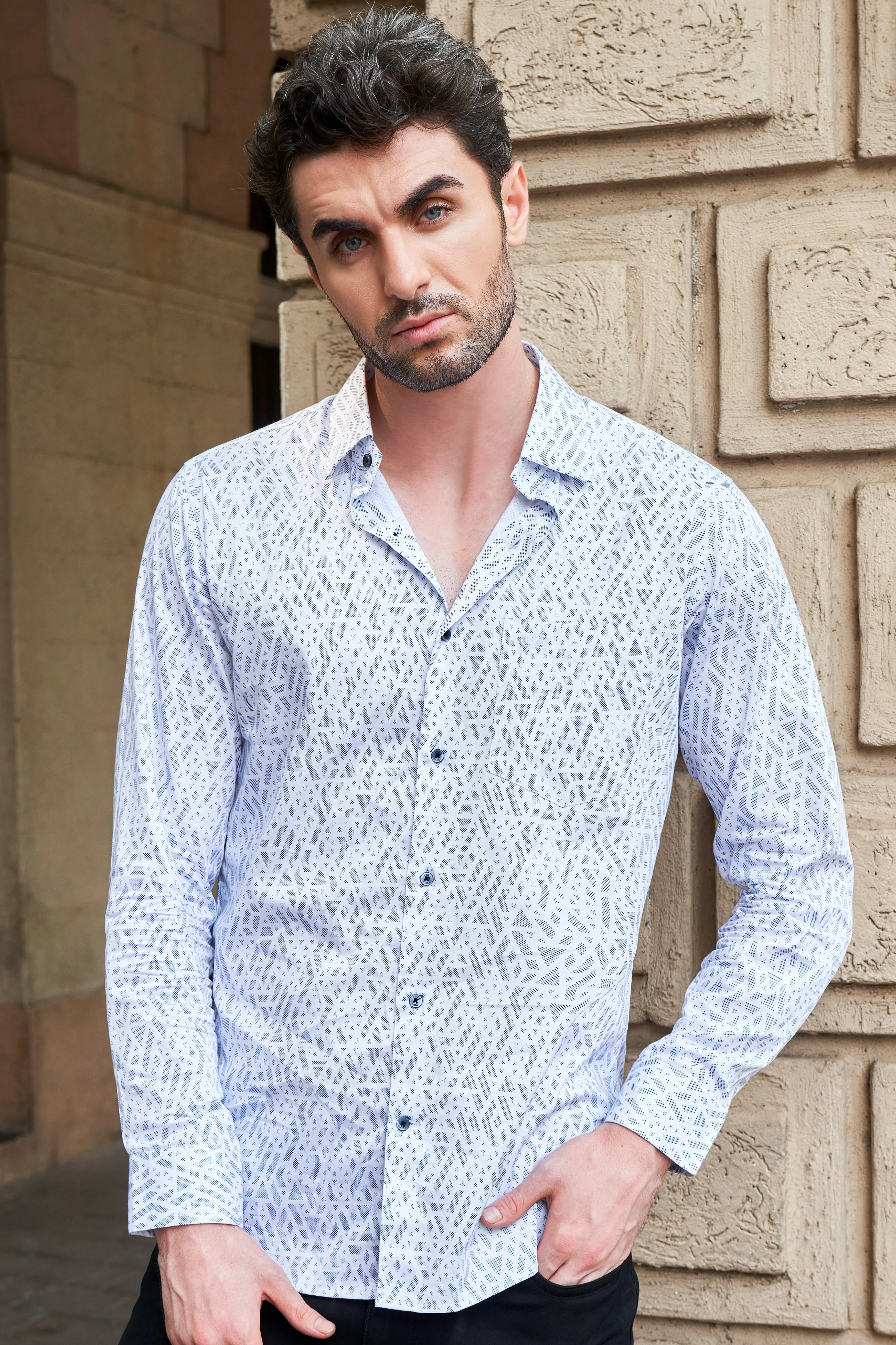 Bright White Geometric Pattern Printed Super Soft Premium Cotton Shirt sold by French Crown product image thumbnail 4