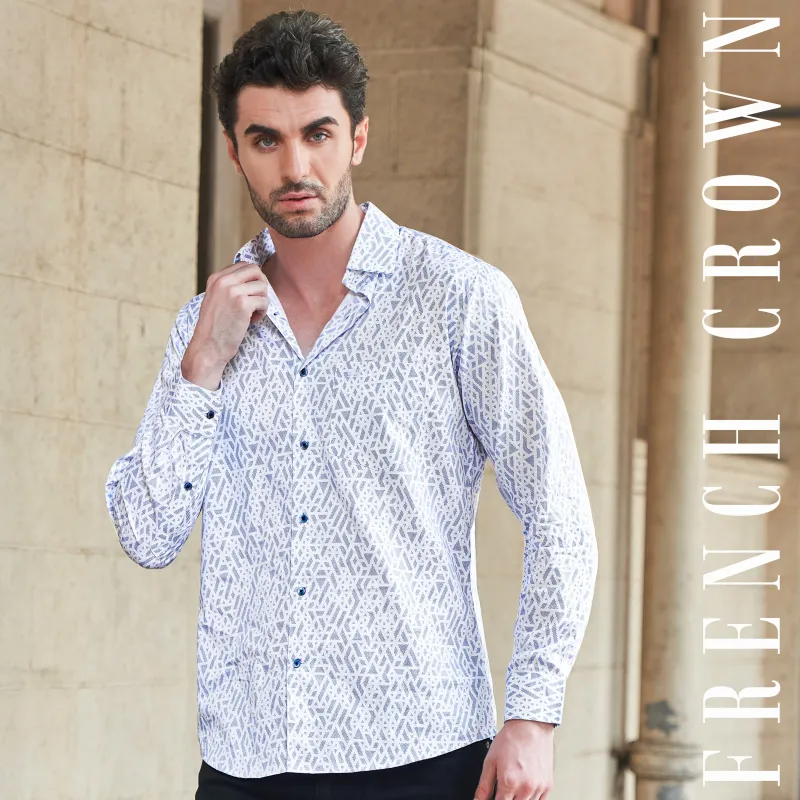 Bright White Geometric Pattern Printed Super Soft Premium Cotton Shirt sold by French Crown