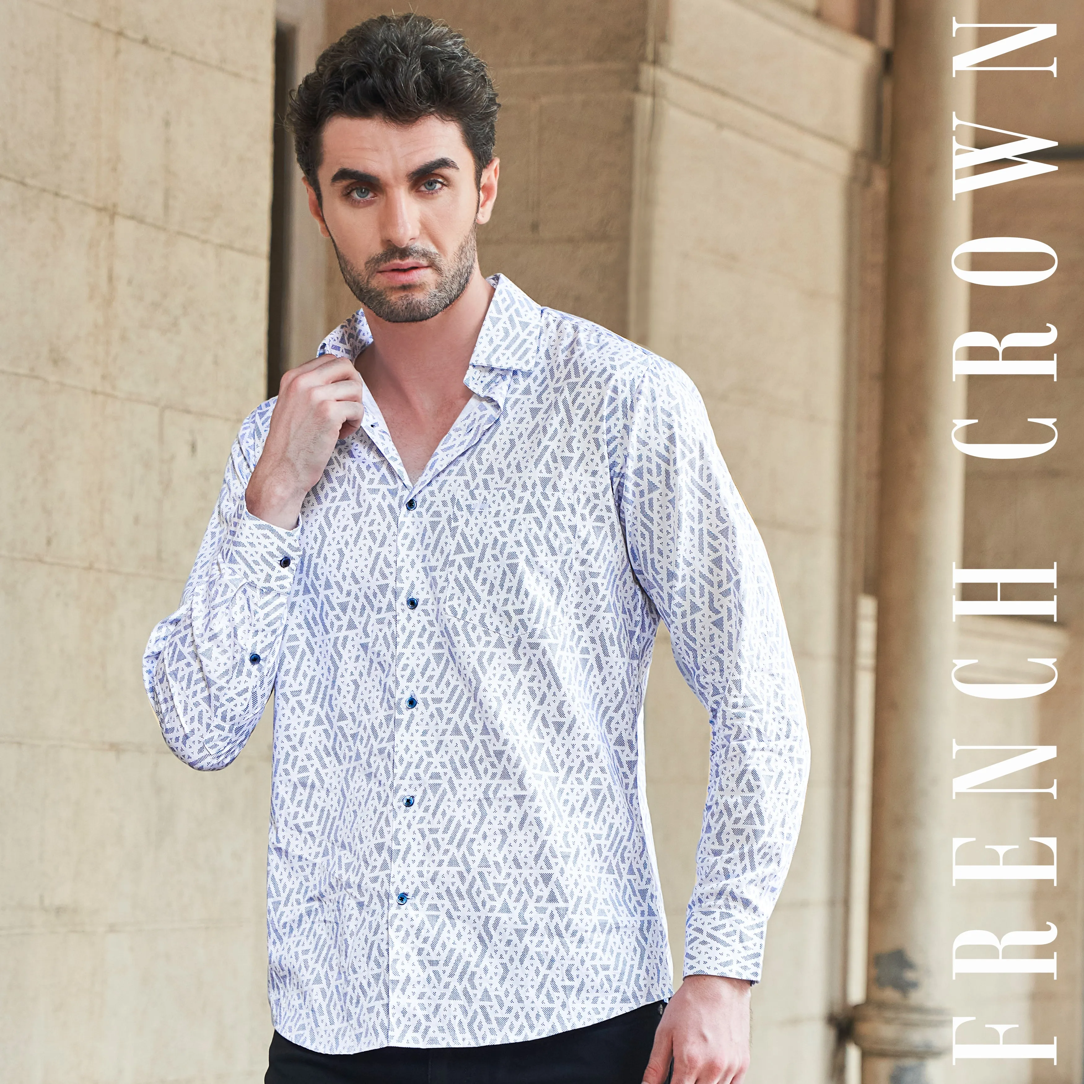 Bright White Geometric Pattern Printed Super Soft Premium Cotton Shirt sold by French Crown