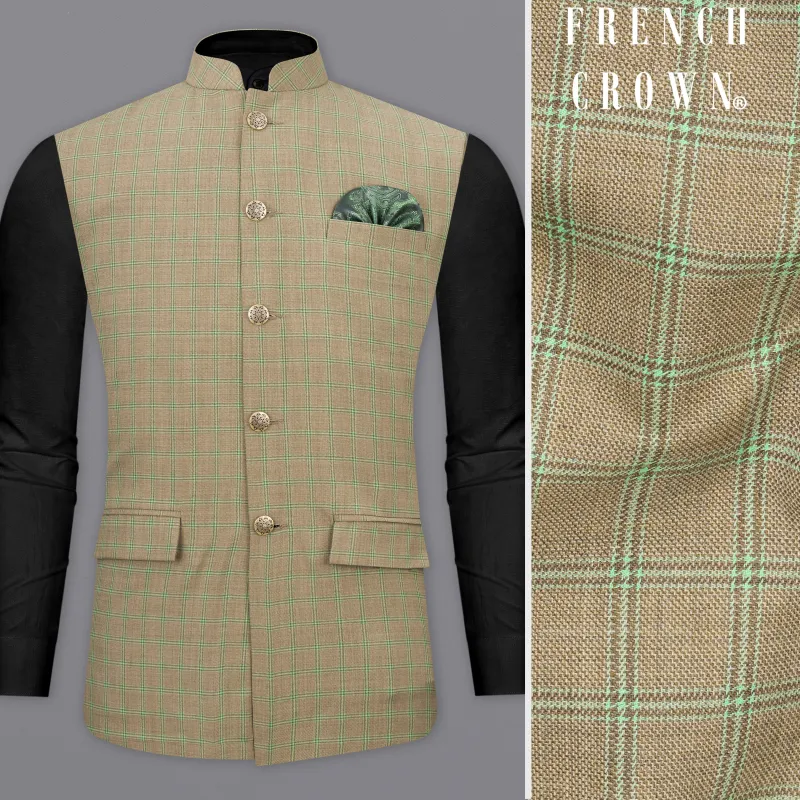 Sandrift Brown with Sprout Green Plaid Nehru Jacket sold by French Crown