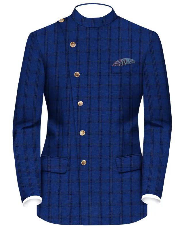 Cloud Burst Blue With Black Plaid Cross Placket Bandhgala Blazer sold by French Crown