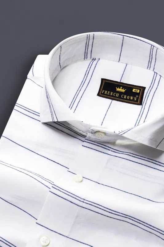 Bright White with Rhino Blue Striped Dobby Textured Premium Giza Cotton Shirt sold by French Crown