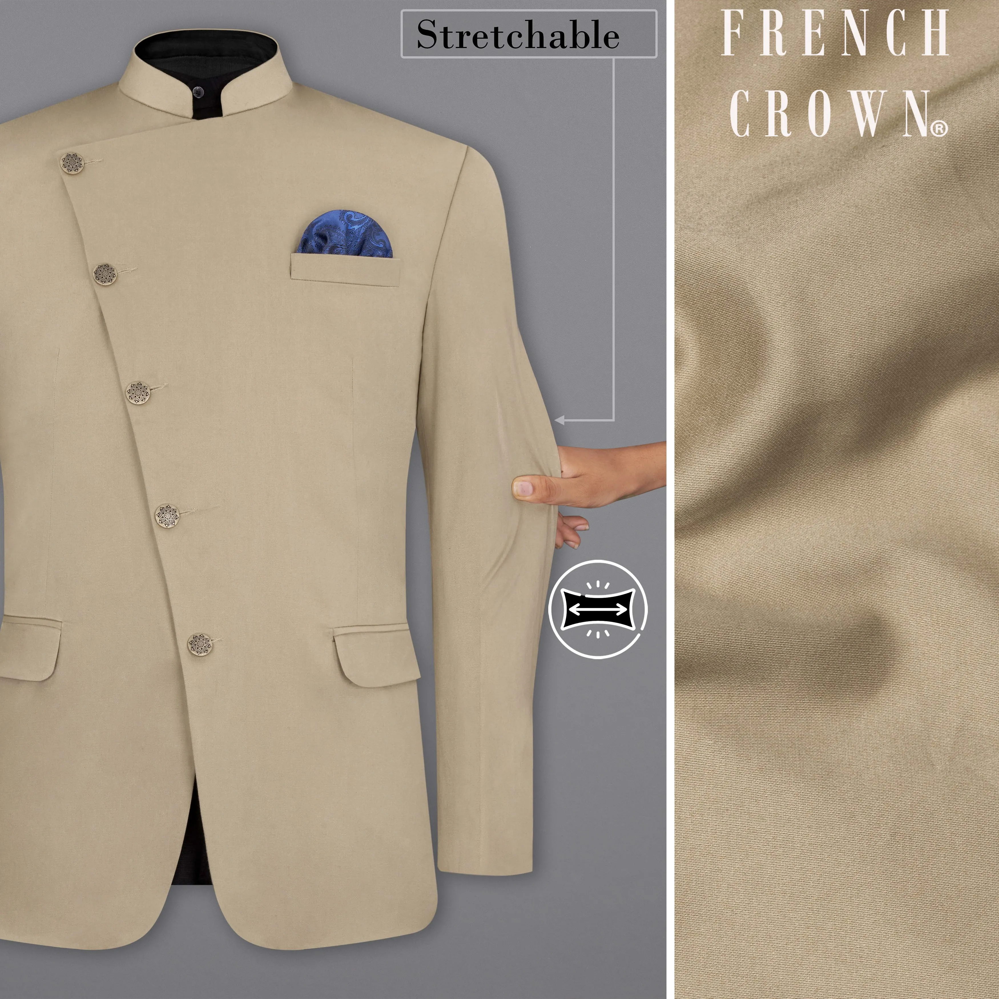 Quicksand Brown Stretchable Cross Placket Bandhgala Premium Cotton traveler Blazer sold by French Crown