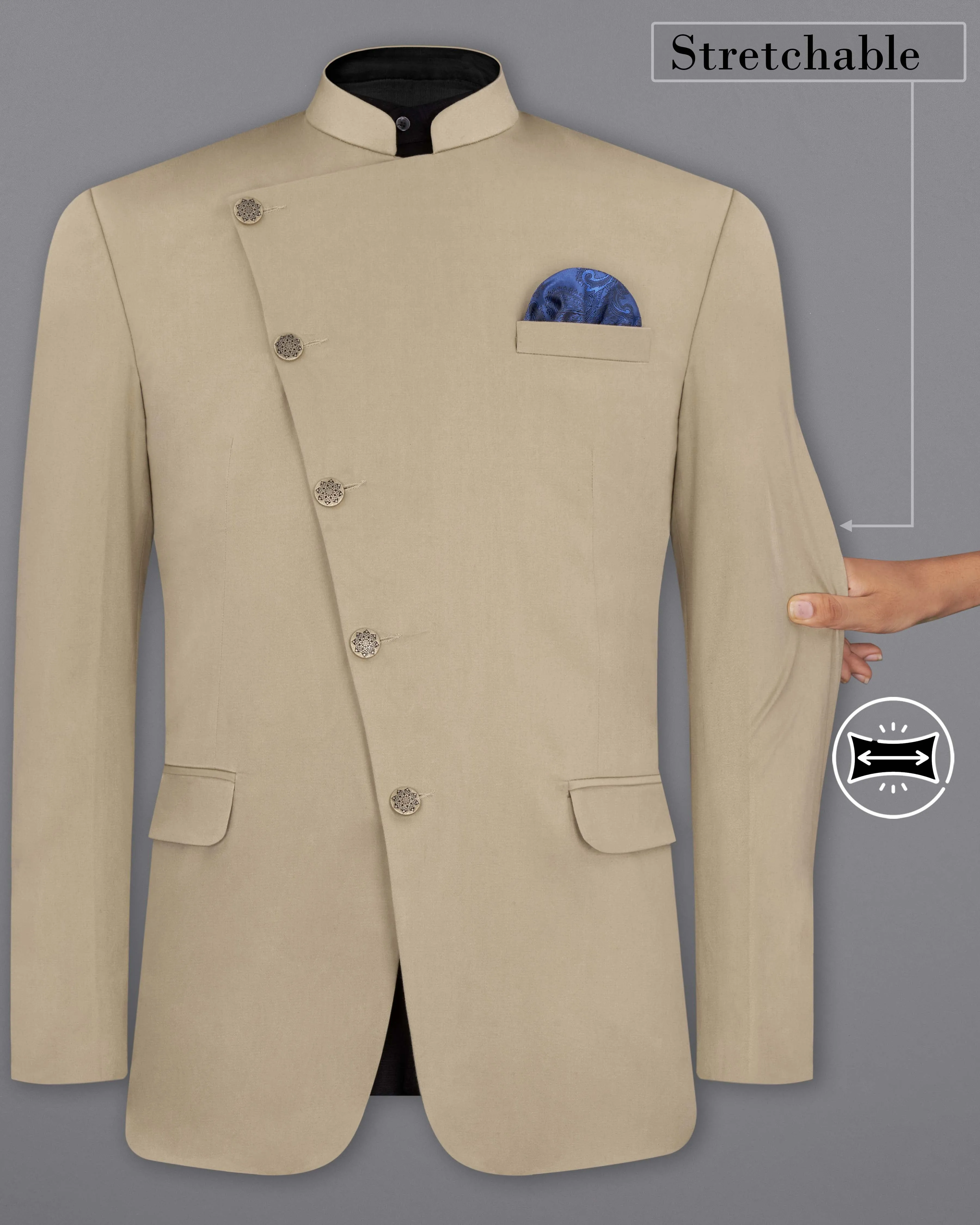 Quicksand Brown Stretchable Cross Placket Bandhgala Premium Cotton traveler Blazer sold by French Crown product image thumbnail 2