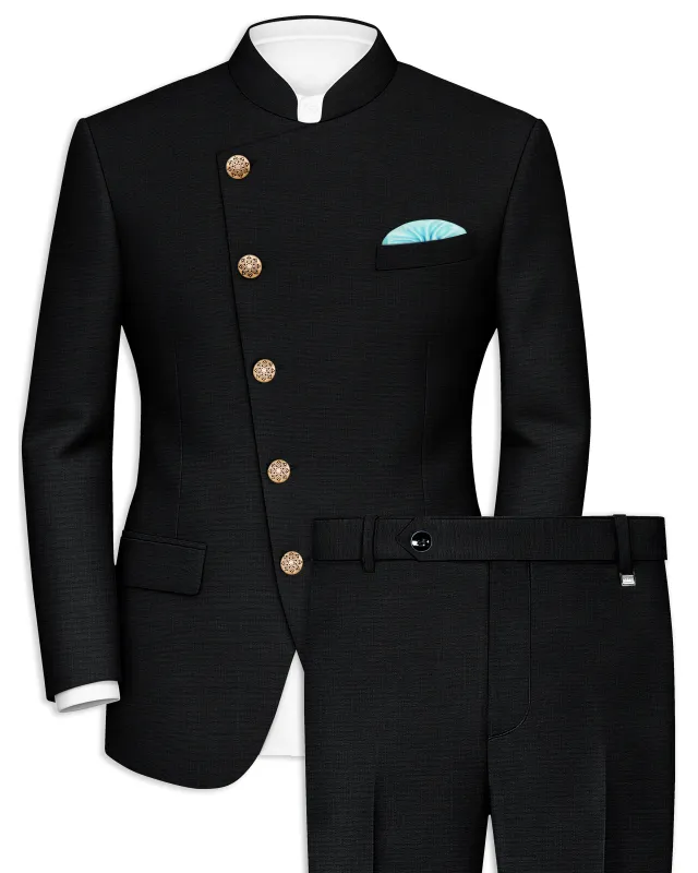 Diesel Black Cross Placket Wool Rich Bandhgala Suit sold by French Crown