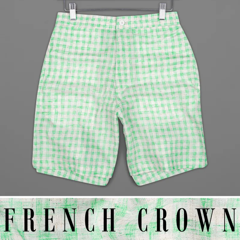 Turquoise Green and Mercury Gray Checkered Luxurious Linen Shorts sold by French Crown