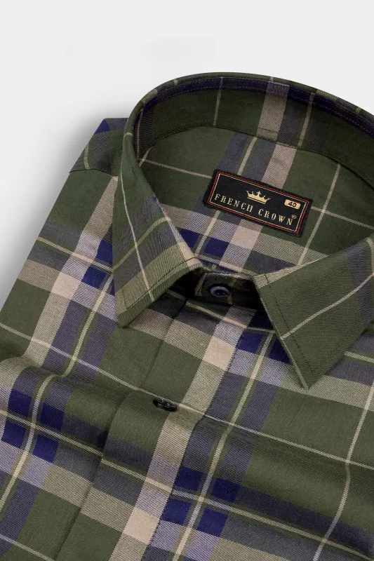 Dingley Green with Downriver Blue Twill Plaid Premium Cotton Shirt sold by French Crown