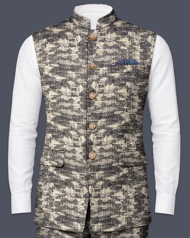 Bastille and Champagne Beige Abstract Print Nehru Jacket sold by French Crown