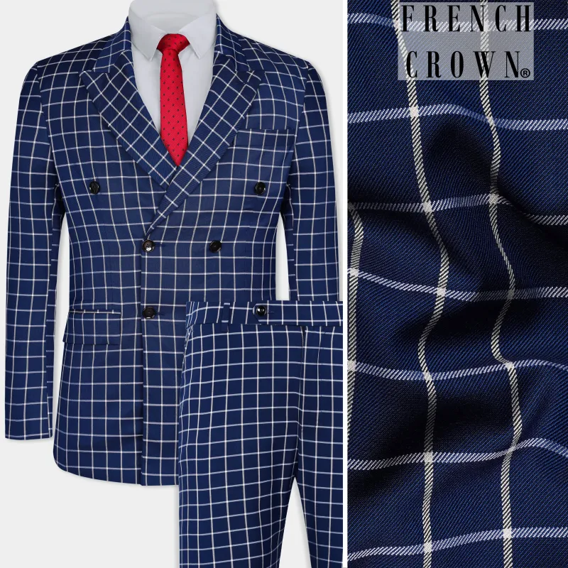 Marine Blue and White Windowpane Wool Rich Double Breasted Suit sold by French Crown