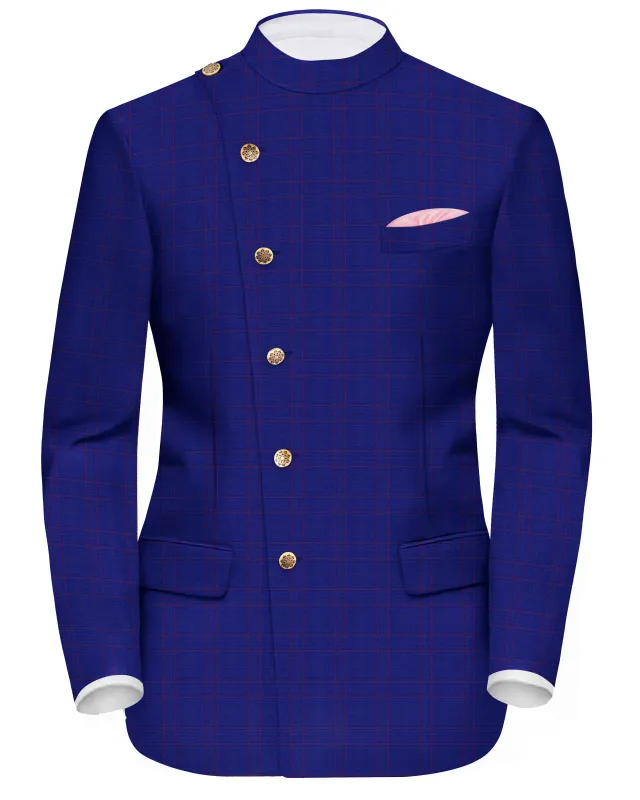 Christalle Blue with Fuchsia Pink Windoepane Cross Placket Bandhgala Blazer sold by French Crown