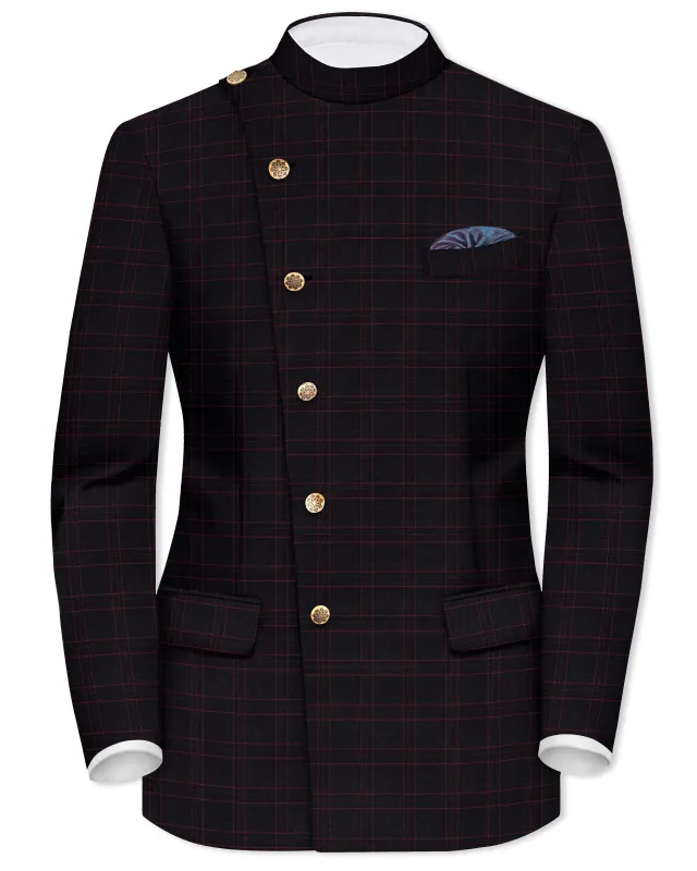 Onyx Black windowpane Cross Placket Bandhgala Blazer sold by French Crown