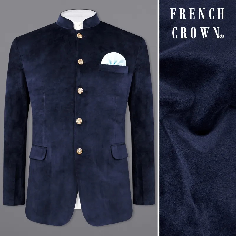 Firefly Blue Bandhgala Velvet Designer Blazer sold by French Crown