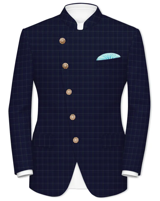 Mulled Wine Blue With Casper Gray Checkered Cross Placket Bandhgala Blazer sold by French Crown