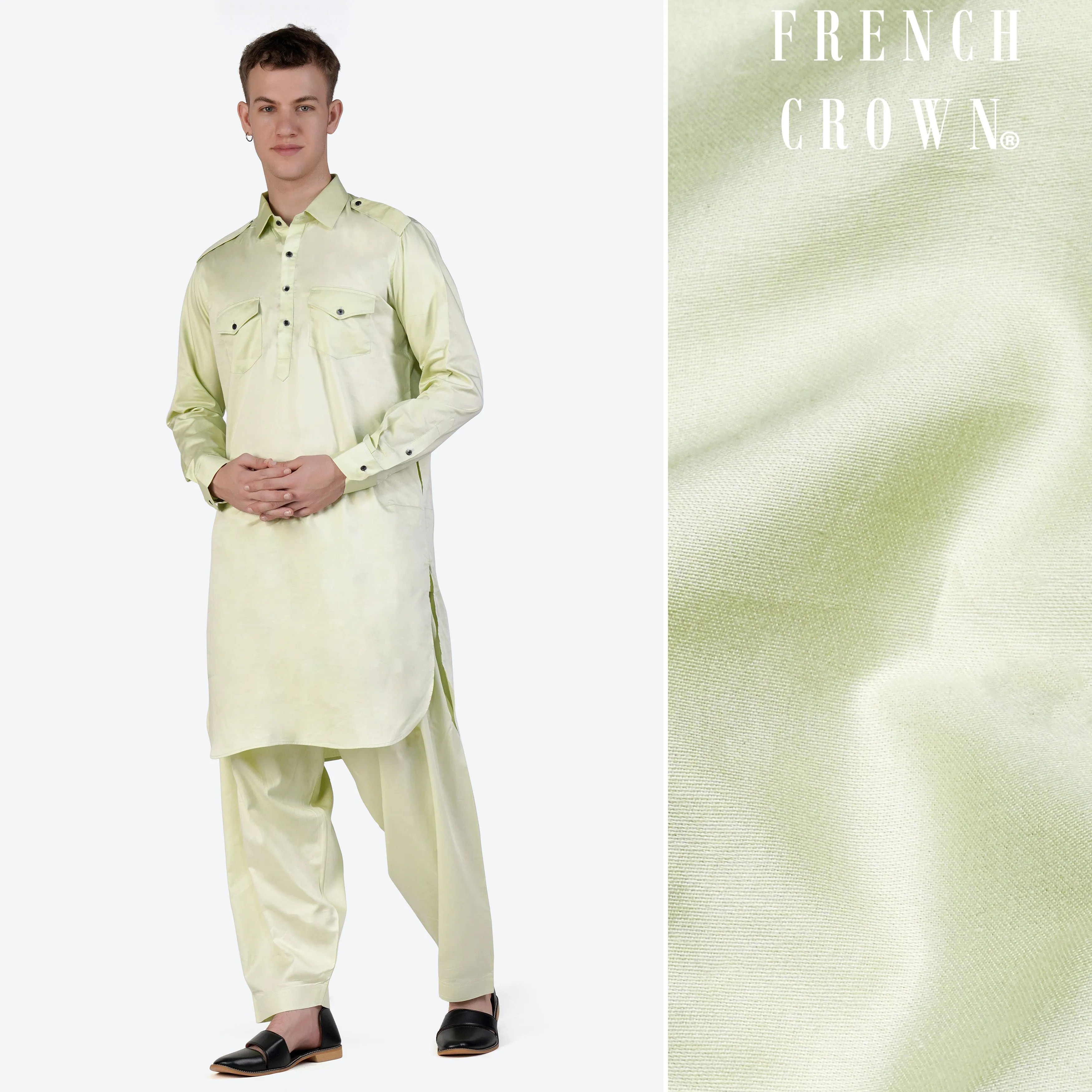 Bone Green Subtle Sheen Super Soft Premium Cotton Pathani Set sold by French Crown